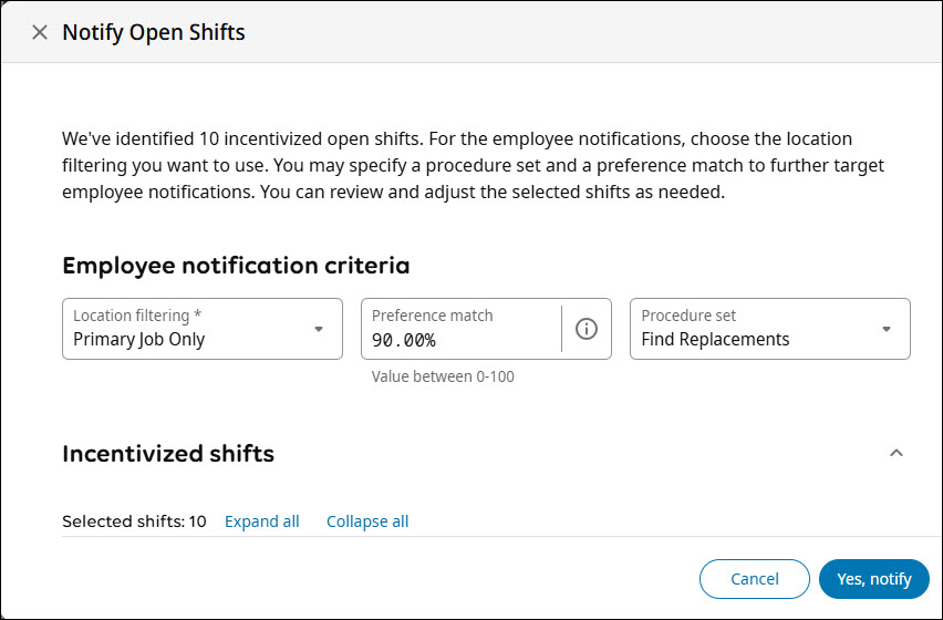 Screenshot of the Notify Open Shifts dialog