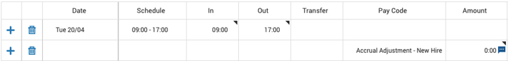 Example Timecard for prorated accruals length of service